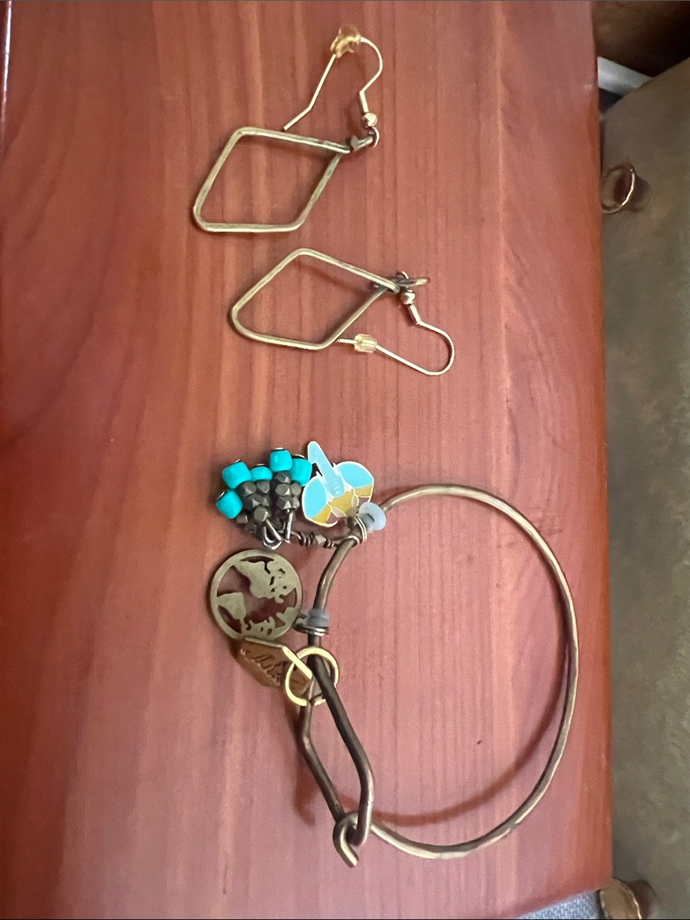 Sseko Boho Turquoise Charm Bracelet and Geometric Hoop Earrings Set. Brass